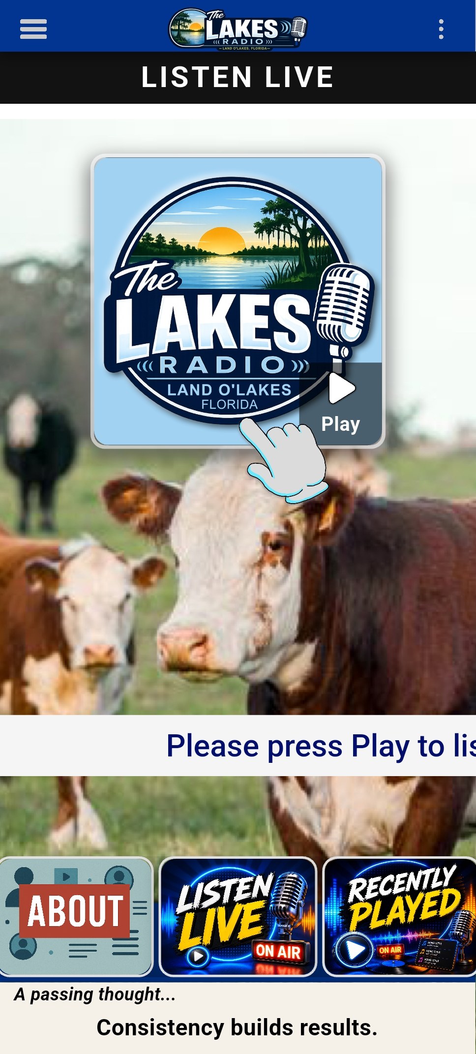 The Lakes Radio app showing the Listen Live player with About, Listen Live, and Recently Played sections
